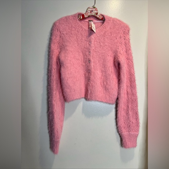 Free People Celeste Fuzzy Cute Embellished Hearts Button Cardi Cardigan - Picture 3 of 6